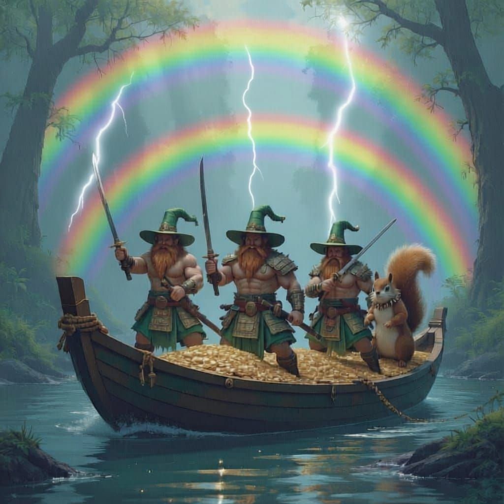 Muscular Leprechauns Guarding Gold Beyond Double Rainbow