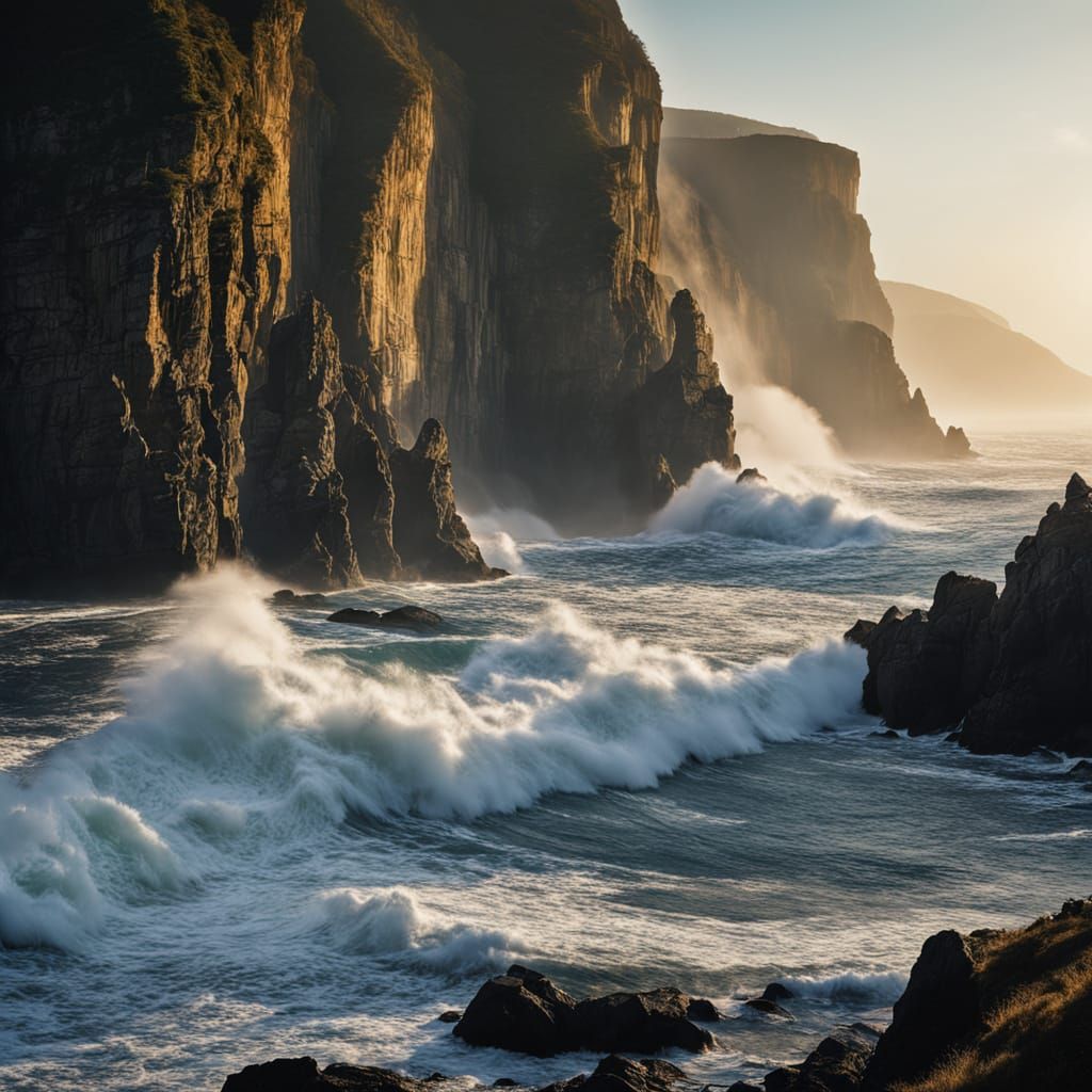 Misty Sea Cliffs at Golden Hour