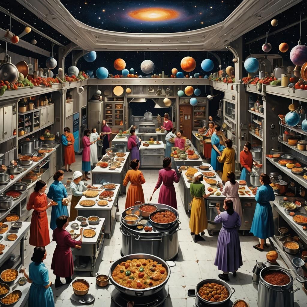 Cosmic Kitchen Interior with Vast Space Scene