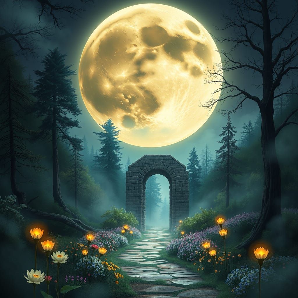 Mystical Moon Over Enchanted Forest: Digital Painting