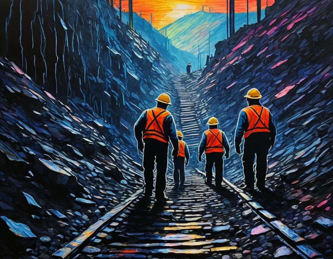 Vibrant Coal Mining Landscape in Impressionist Style