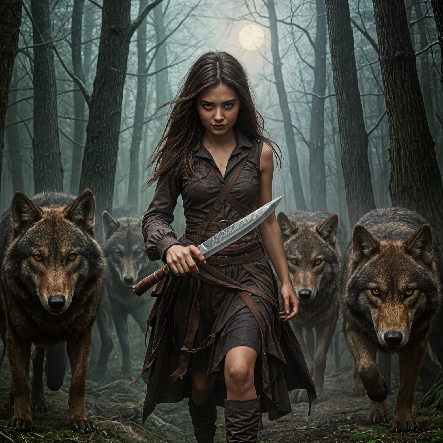 Girl Walking Wolves in Dark Forest Landscape