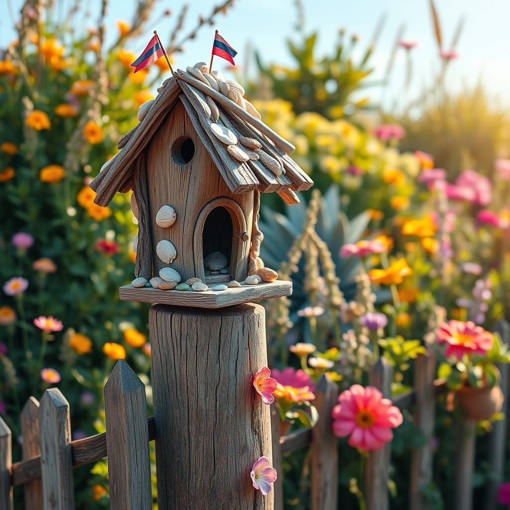 Coastal Garden Birdhouse: Photorealistic Folk Art