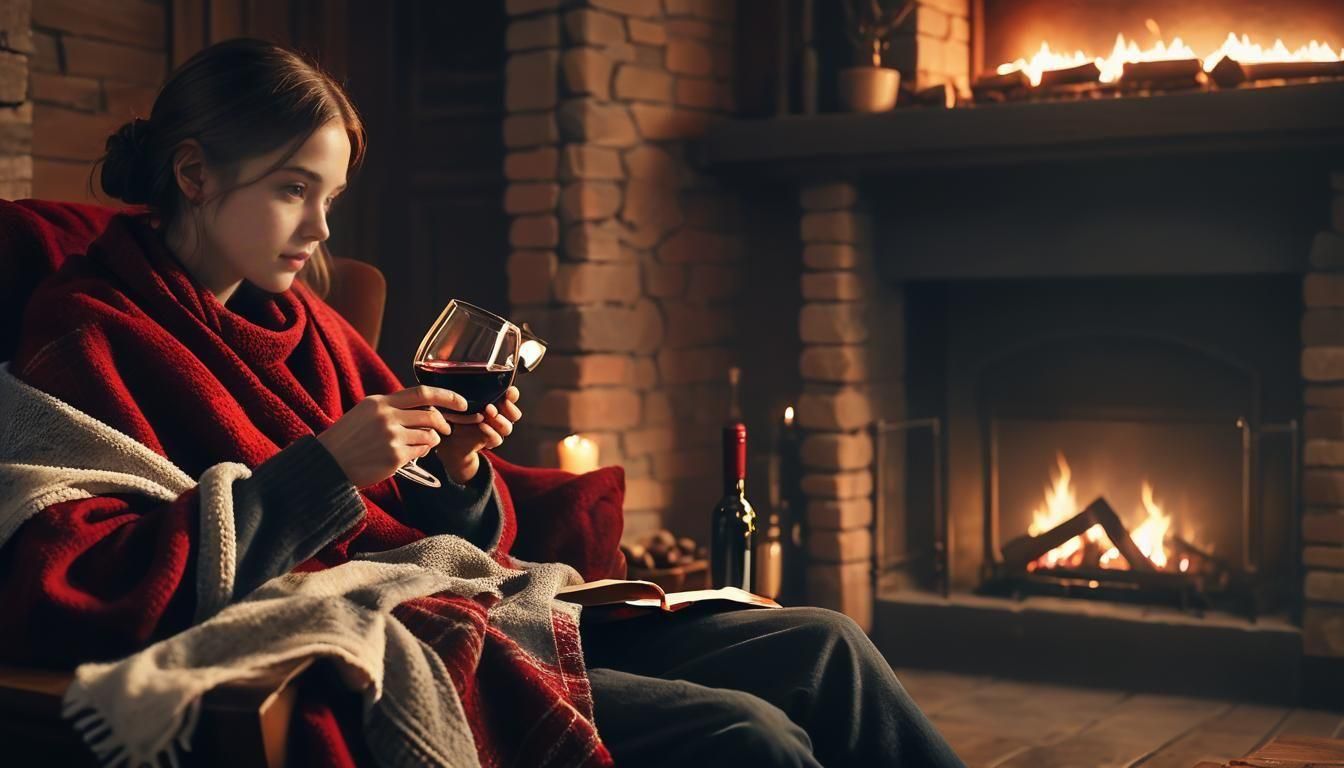Cozy Fireplace Scene: Reading with Wine in Winter