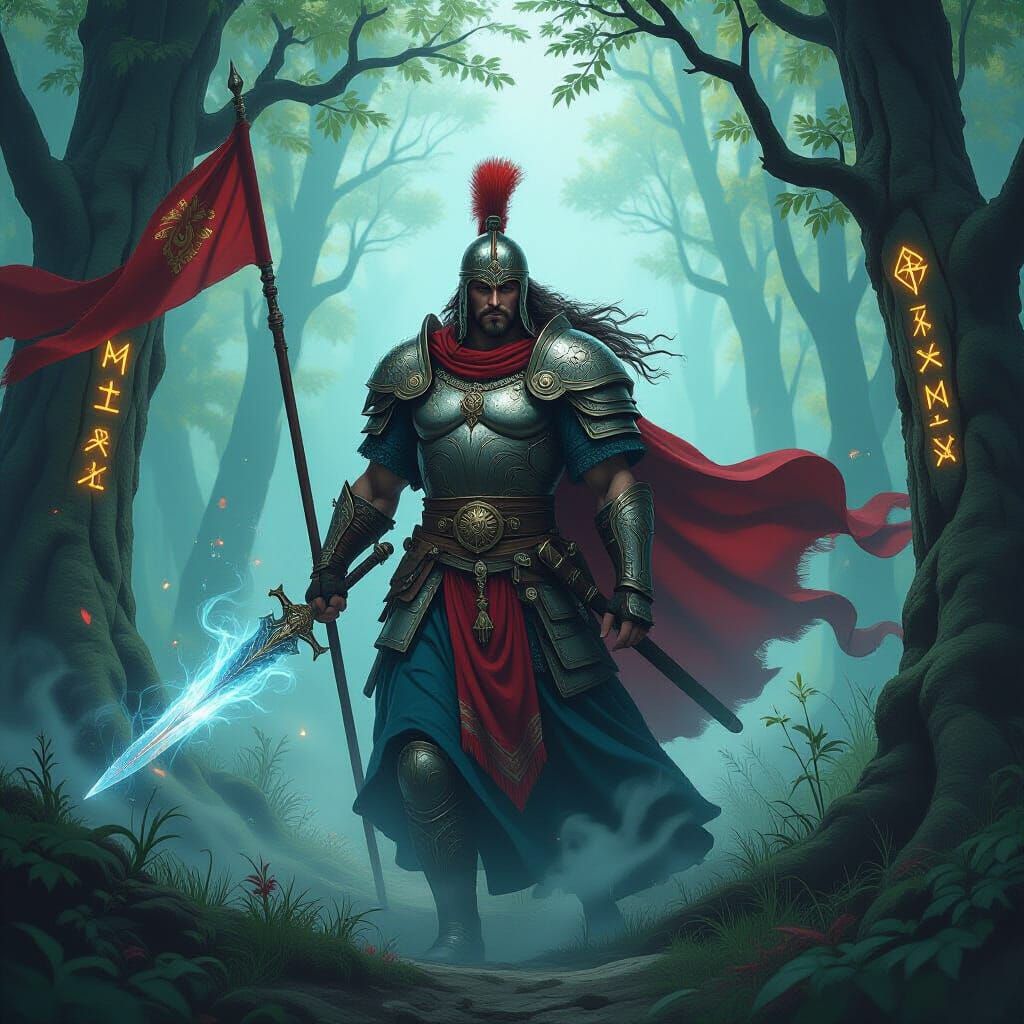 Spectral Serbian Warrior Conjuring Winds in Mystical Forest