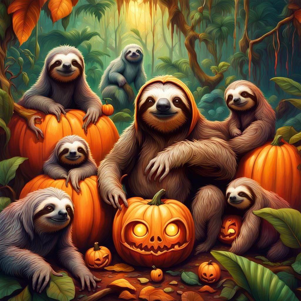 Sloth Family Carving Pumpkins in Jungle, Hyperrealistic Art