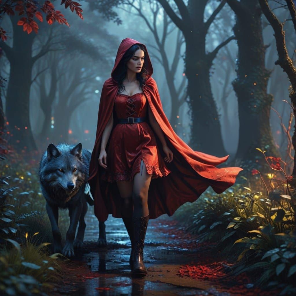 Enchanted Forest Walk with Red Cloak and Wolf