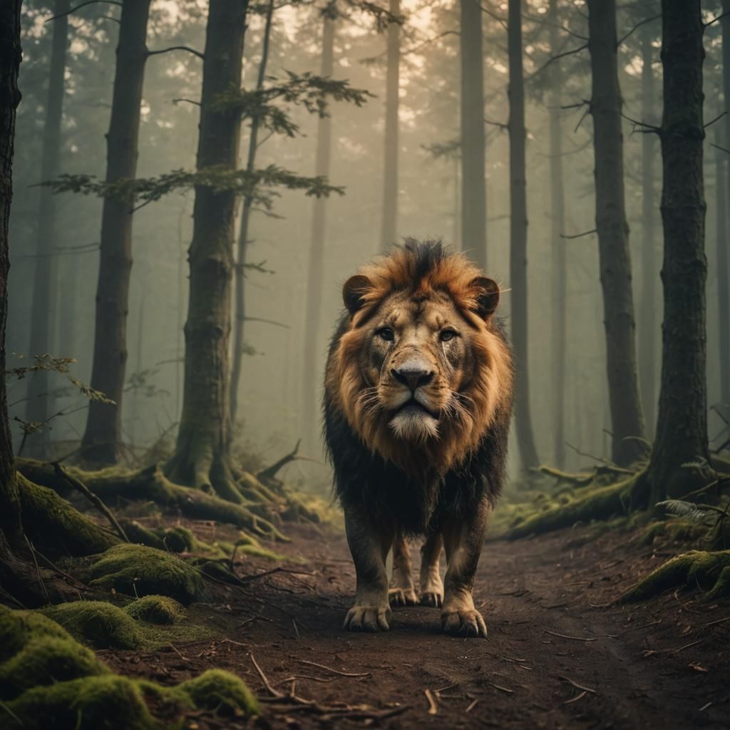 Half-Pig, Half-Lion Creature in Misty Forest
