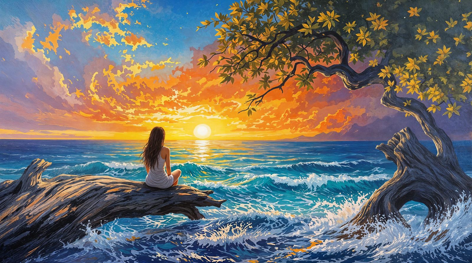 Vibrant Ocean Sunset with Contemplative Woman