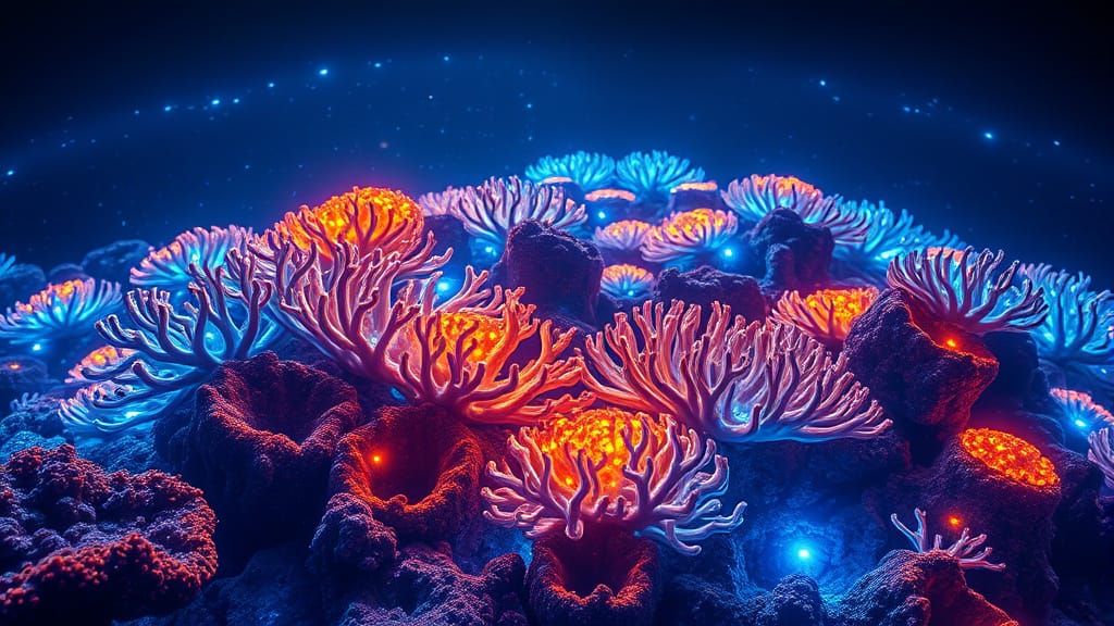 Bioluminescent Coral Reef in Alcohol Ink Style