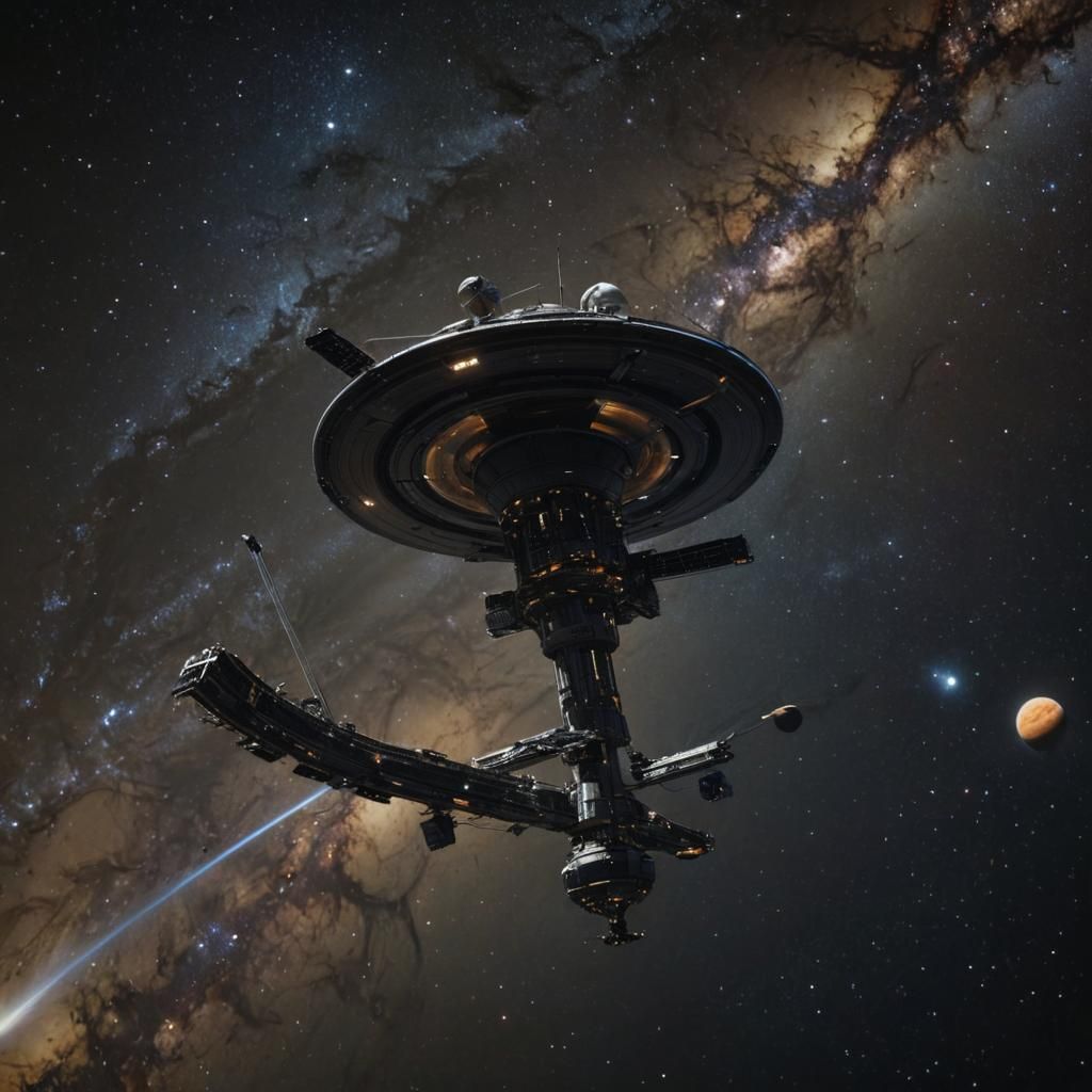 Space Station Orbiting Saturn in Chris Foss Style