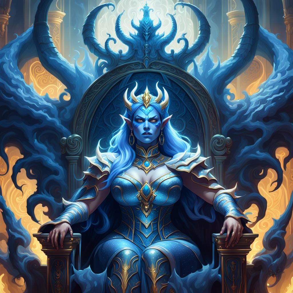 Blue-Skinned Demon Queen on Throne, Fantasy Art