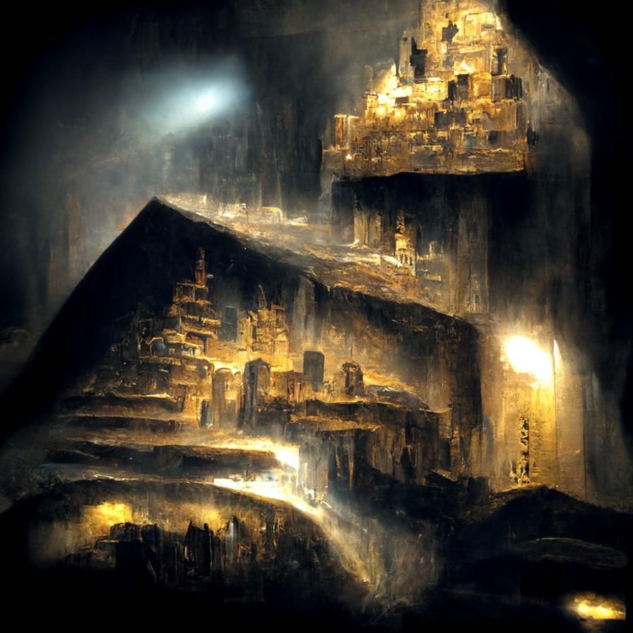 Golden Ziggurat in Dark Cave: Ethereal Fantasy City