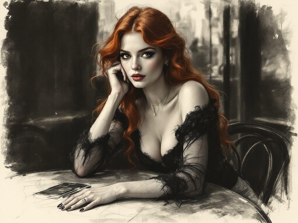 Seductive Café Scene in Expressive Charcoal