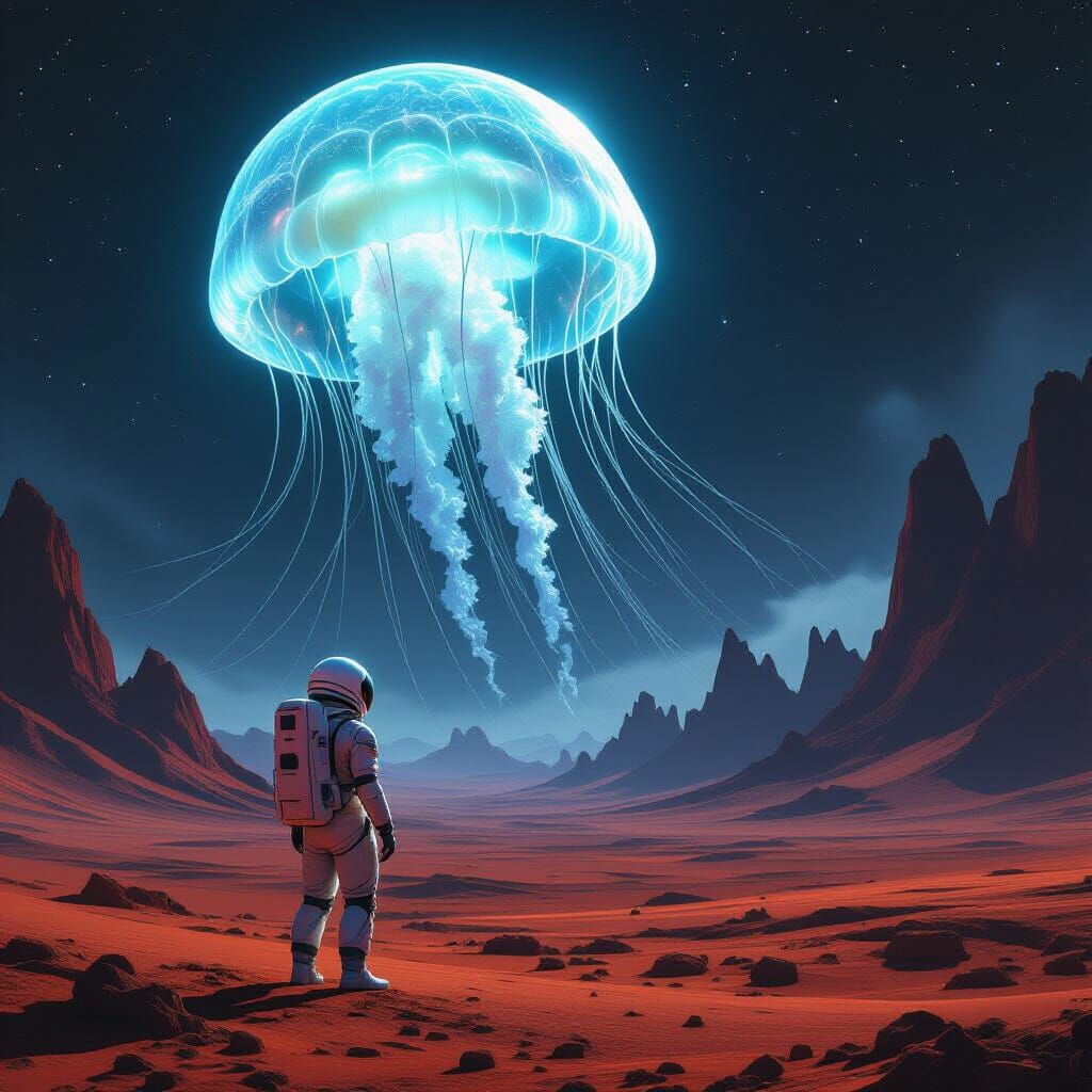 Astronaut Encounters Giant Bioluminescent Jellyfish on Alien...