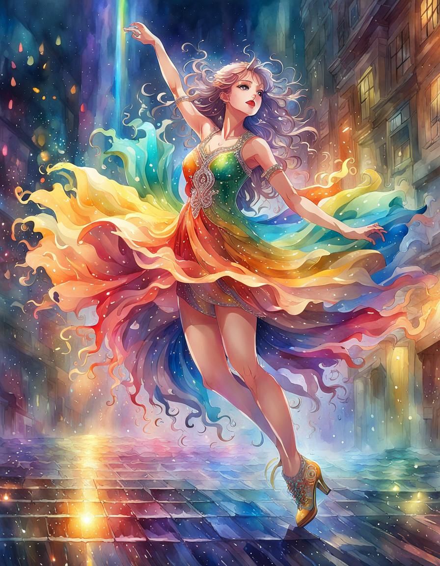 Rainbow Dancer in the Rain: Anime-Inspired Art