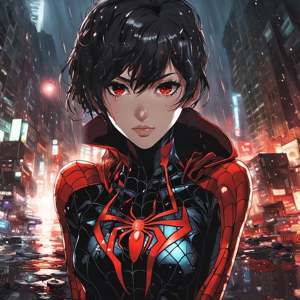 Anime Style Female Spider-Man in Burning City