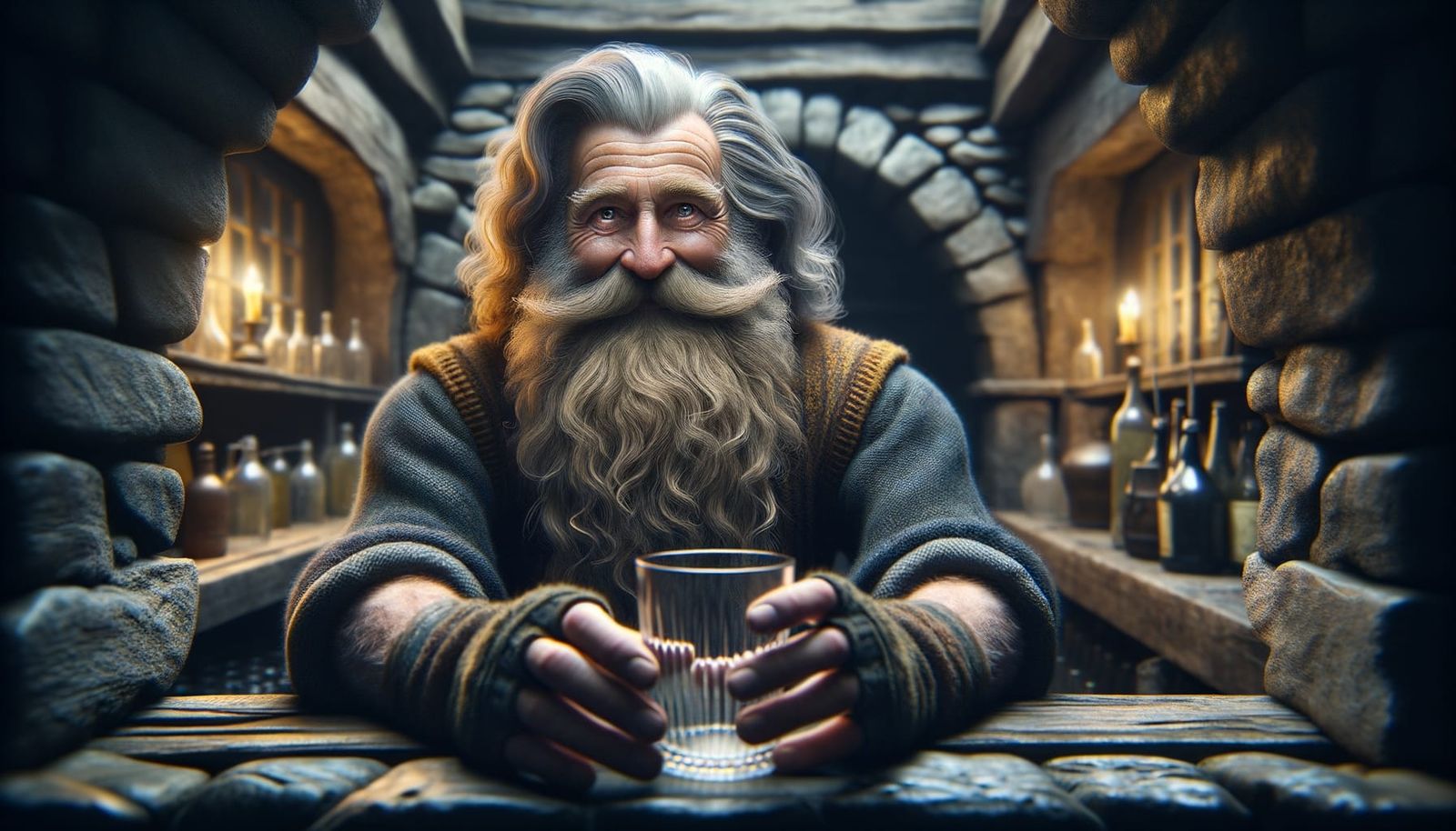 Friendly Elderly Dwarf Bartender in Ancient Tavern
