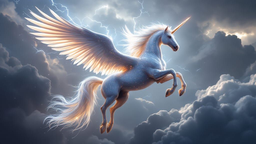 Flying Pegacorn, long flowing white mane and tail, high above the dark ominous storm clouds. Mythical, Ethereal, Glowing...