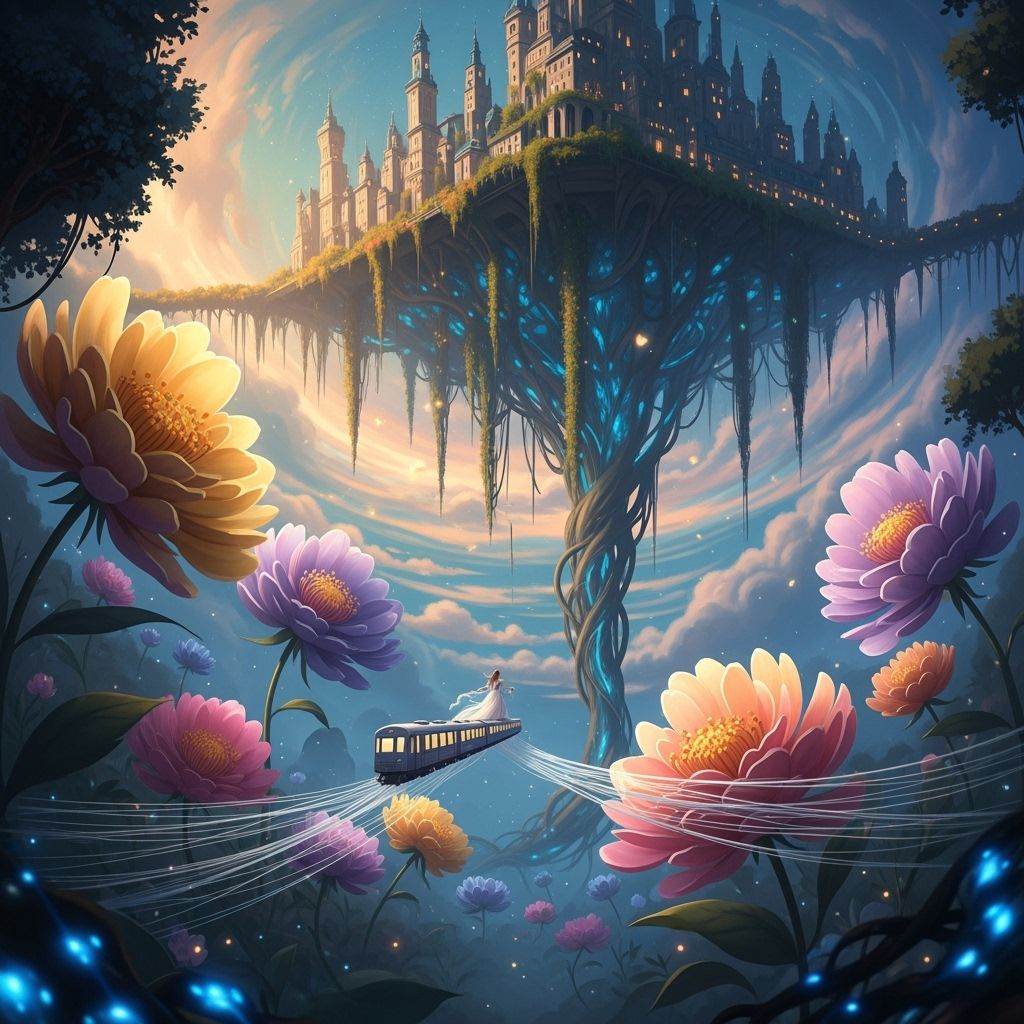 Surreal Floating Train Between Giant Flowers