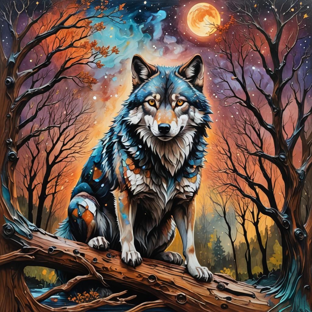 Wolf with Liquid Chrome in Mystical Woodland Scene