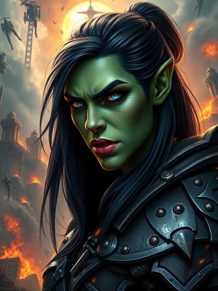 Fierce Green-Skinned Female Orc Warrior in Hyperrealistic Po...