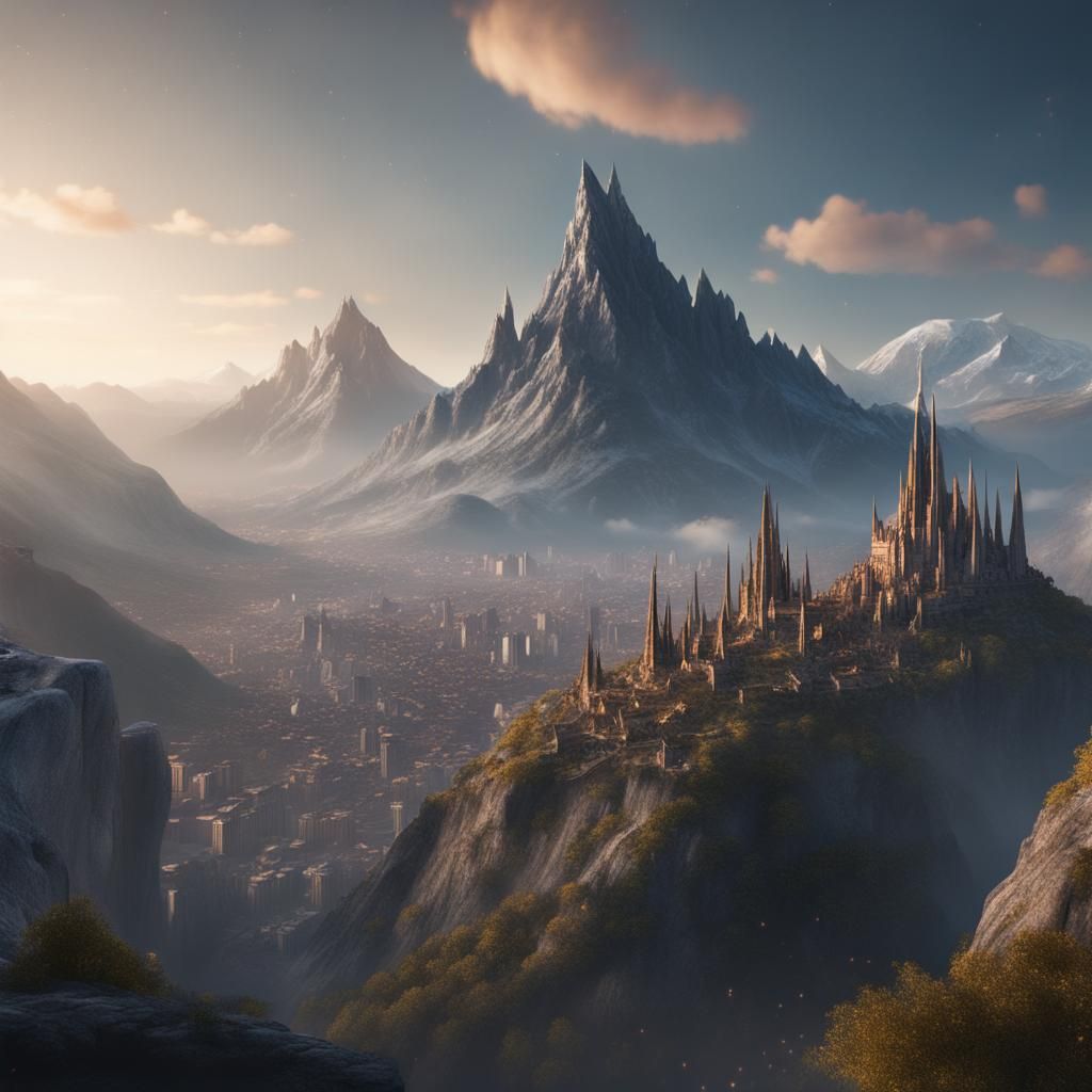 Mountain City with Stars: Detailed Matte Painting