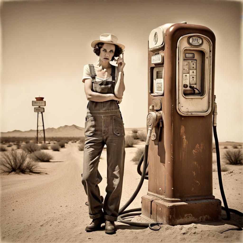 Vintage Photo of Woman at Desert Gas Pump