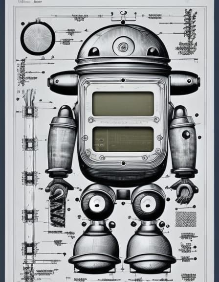 Detailed Pencil Schematics of Retro Robot Blueprint
