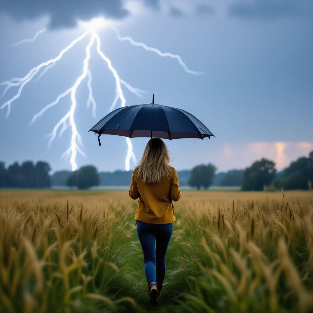 Cute Blond Girl with Umbrella in Rainy Field with Lightning