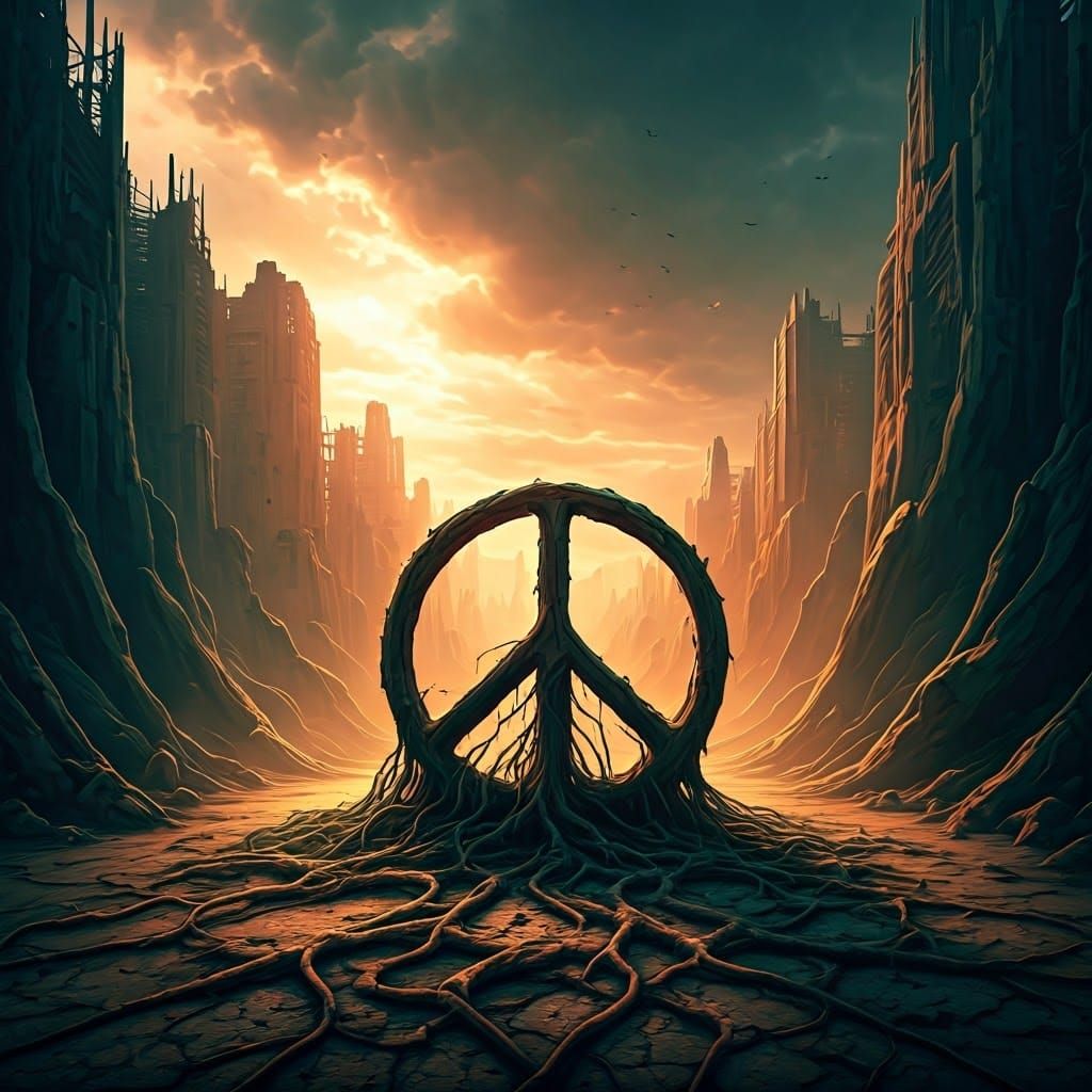 A wooden peace symbol lies in a barren post-war wasteland. S...