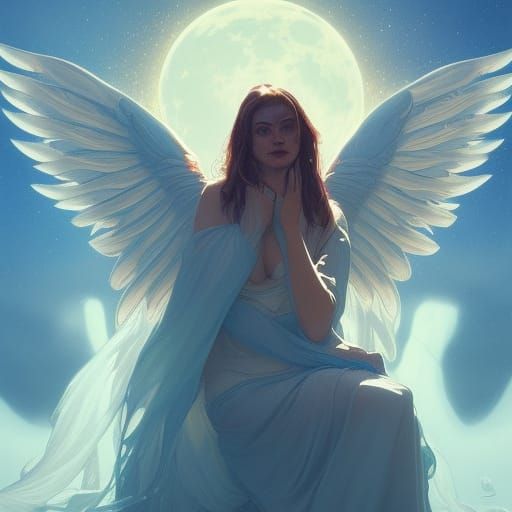 Angelic Portrait with Moon, Hyperdetailed Digital Art