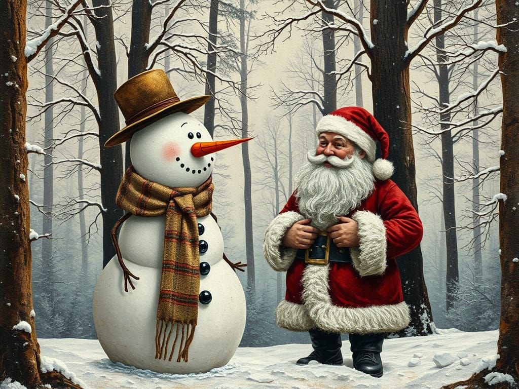 Wistful Snowman Converses with Jovial Santa Claus in Enchant...