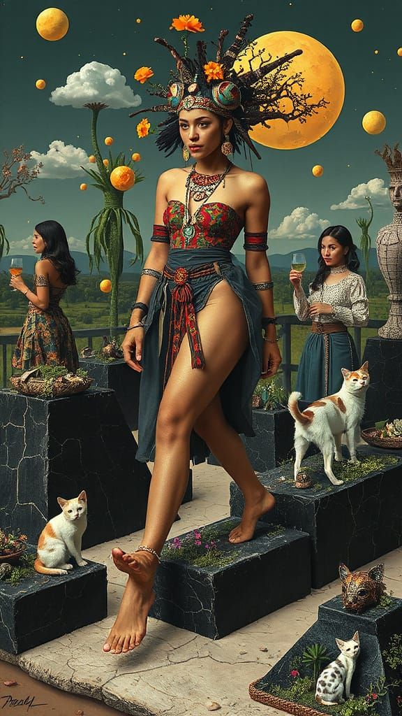 Mystical Woman Walking on Pyramids in Surreal Dreamscape