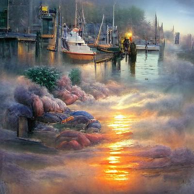 Ethereal Harbor Sunrise with Fishermen