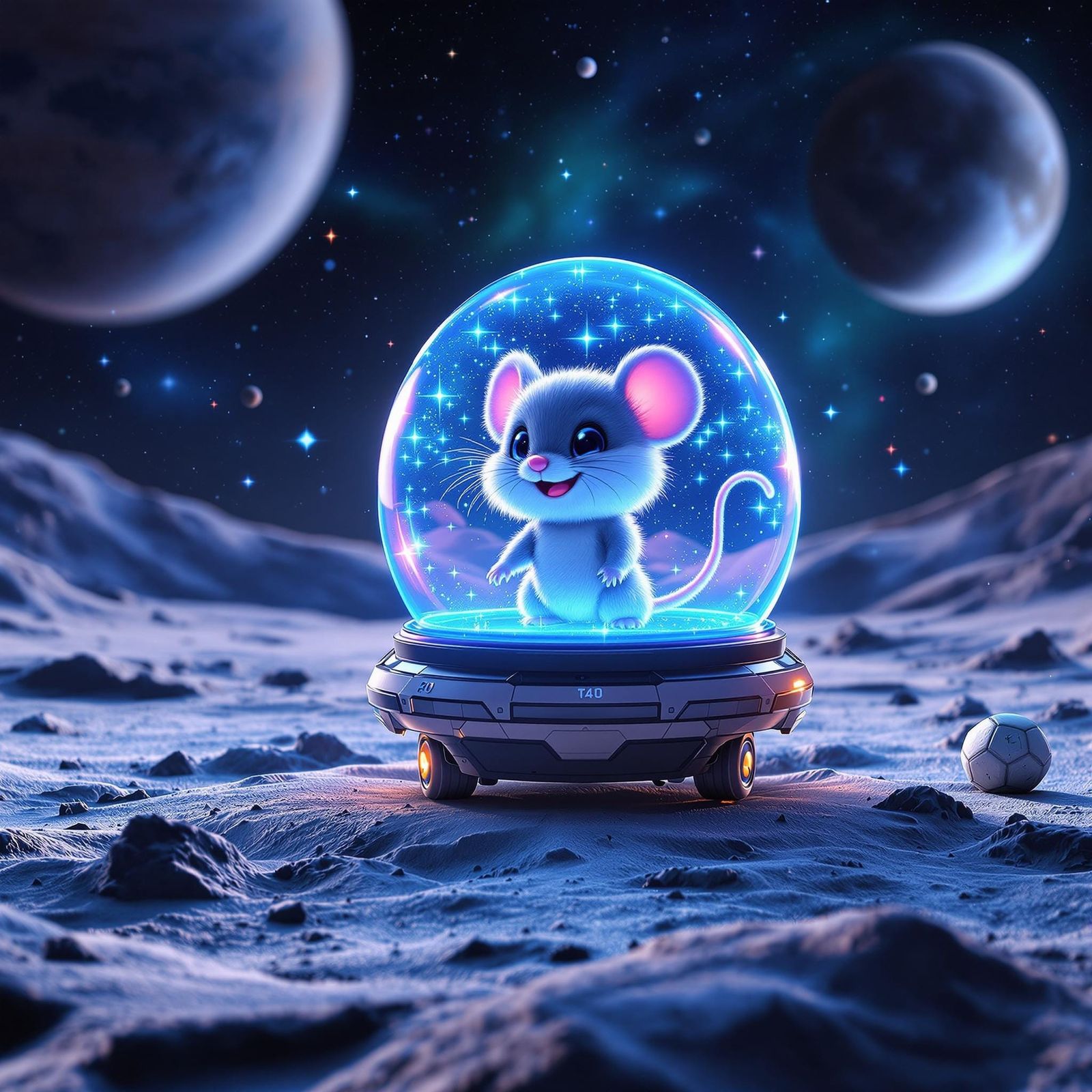 Hyper Realistic Holographic Chibi Mouse on the Moon in a Cel...