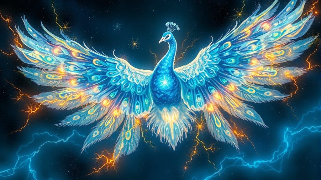 Bioluminescent Peacock Soars Through Cosmic Void