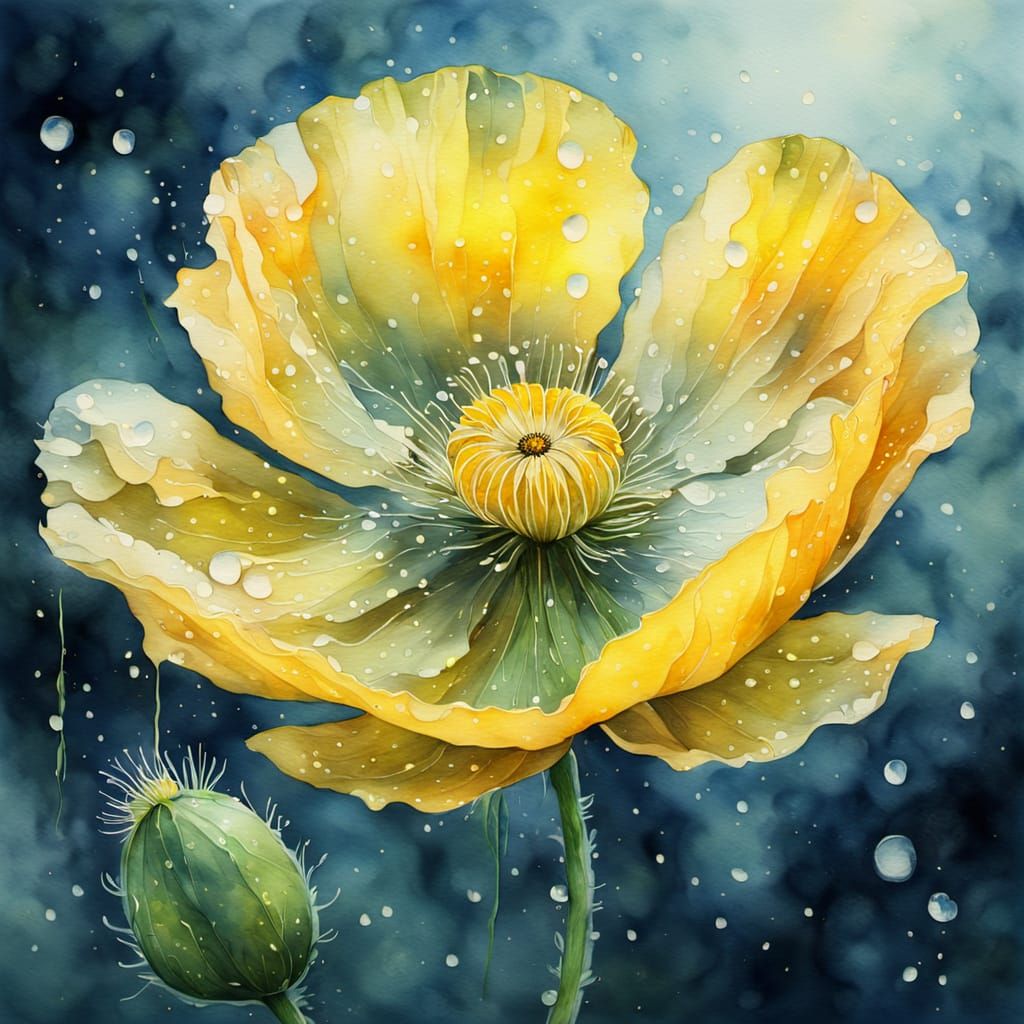 Ethereal Watercolor Poppy in Moonlit Water