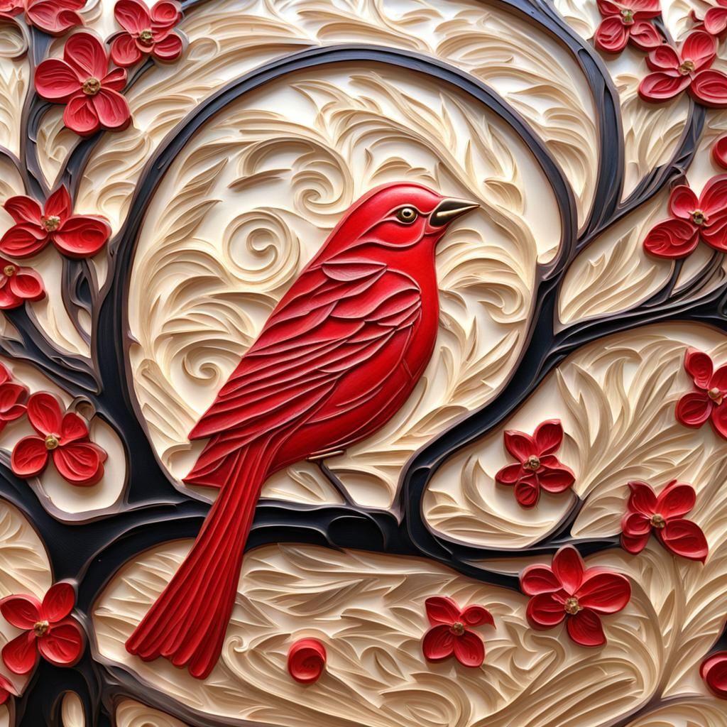 Art Nouveau Red Bird Impasto Painting