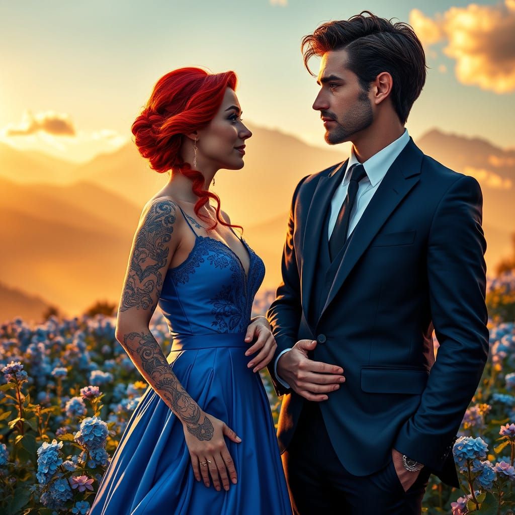Elegant Couple in Love Amidst Vibrant Blue Florals