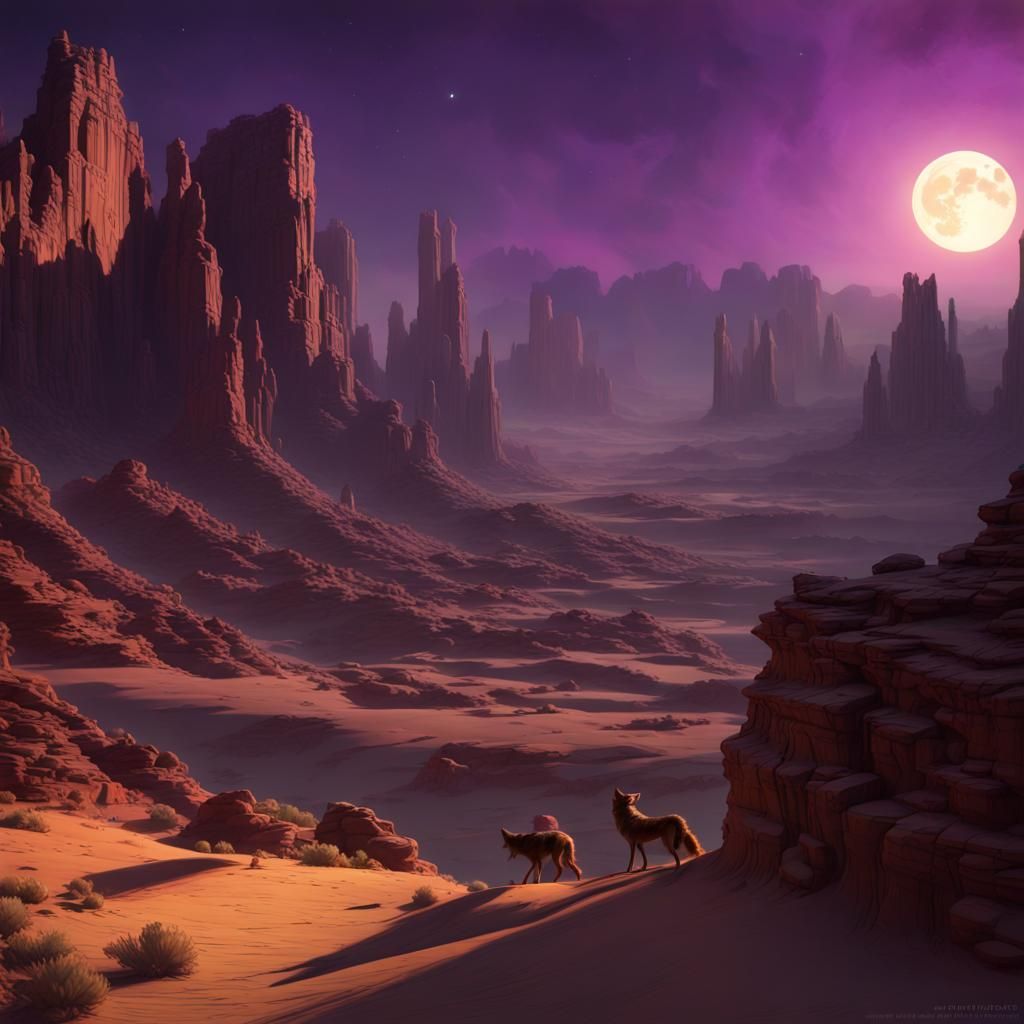 Moonlit Desert Canyon with Coyotes: Dark Fantasy Art