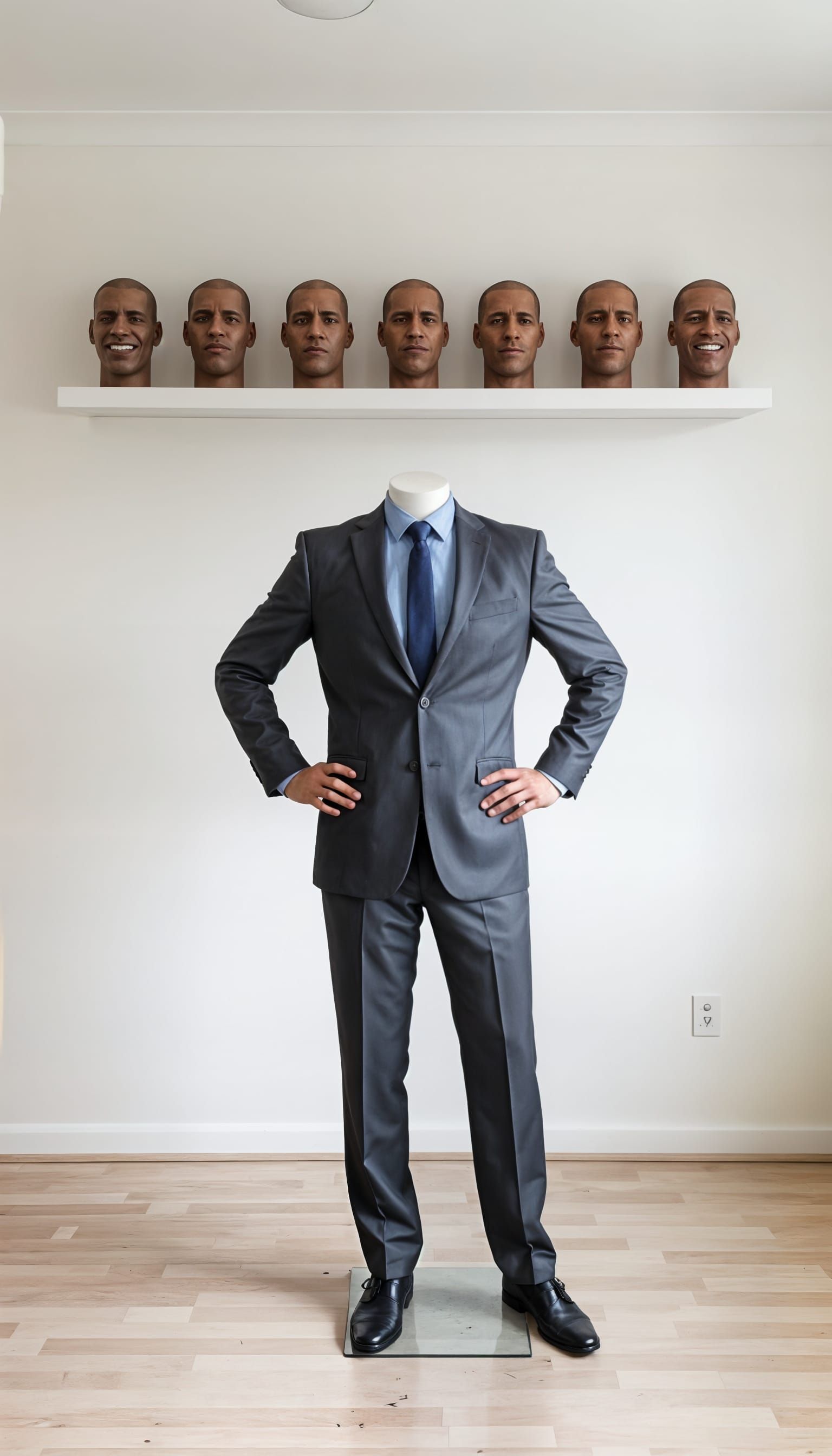 Mannequin Contemplates Shelf of Expressive Heads
