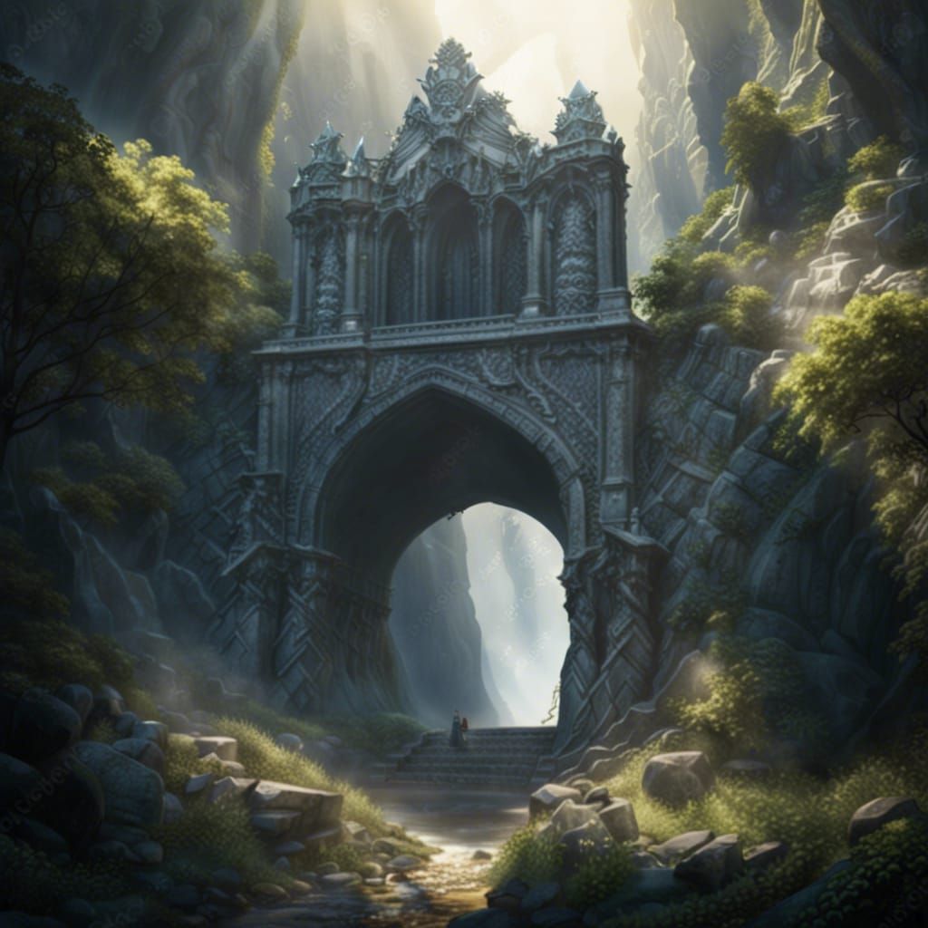 Ornate Stone Angel Bridge in Mountain Valley