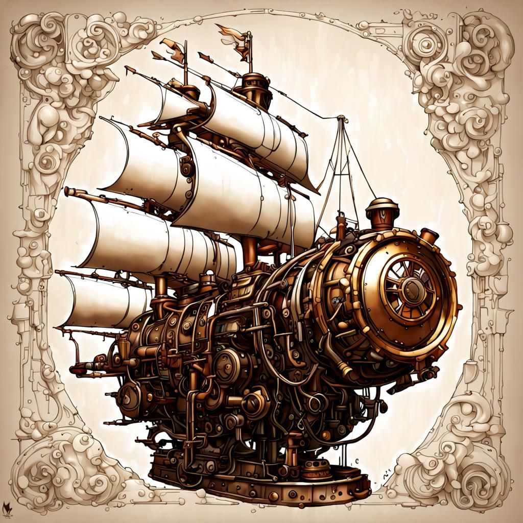 Steampunk Ship Engulfed in Flames on White