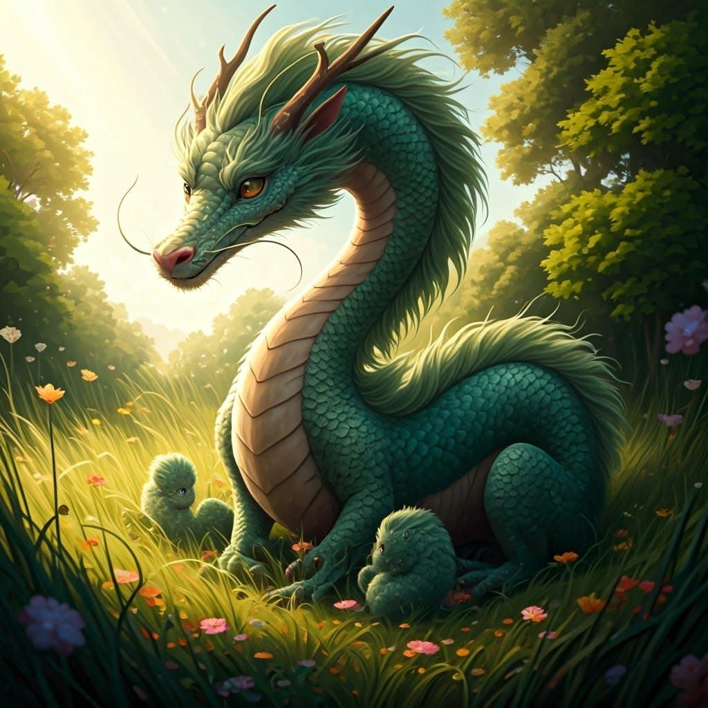 Gigantic Chinese Dragon Sits with Playful Pups in Lush Meado...