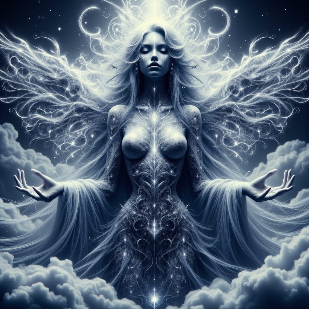 Ethereal Guardian of Mystique in Iridescent Skies