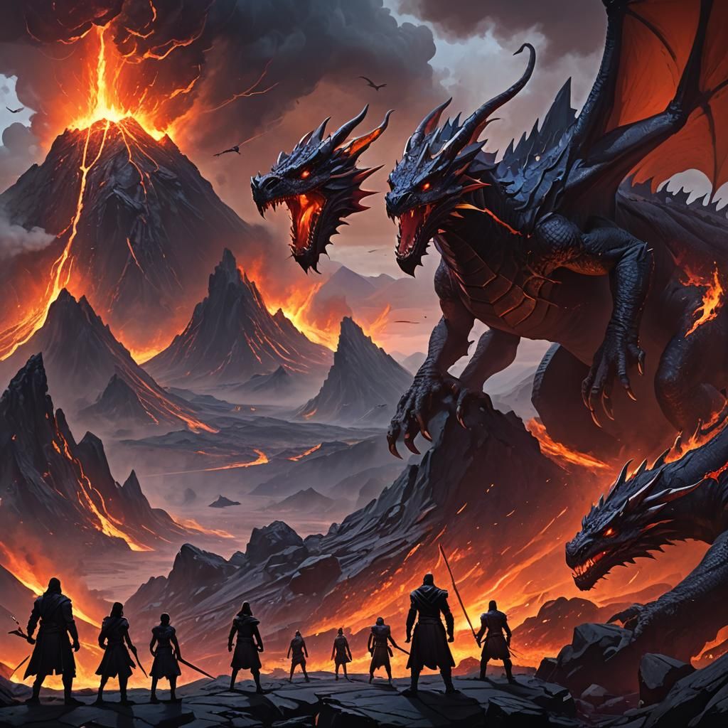 Dragon Protecting Young from Sith in Volcanic Landscape