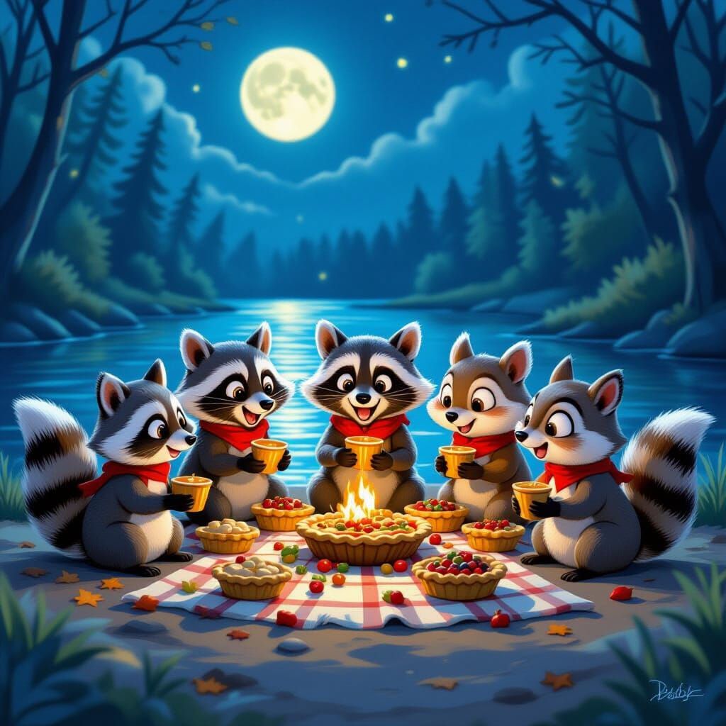 Whimsical Raccoons & Squirrels Feast in Festive Illustration
