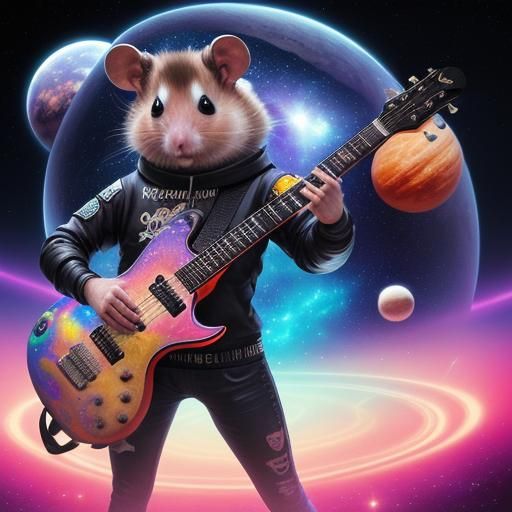 Hamster Shreds Guitar in Space: Cosmic Illustration