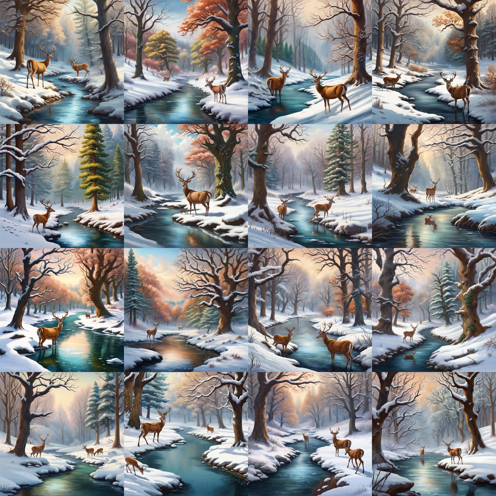 Winter River Scene with Deer in Gouache Style
